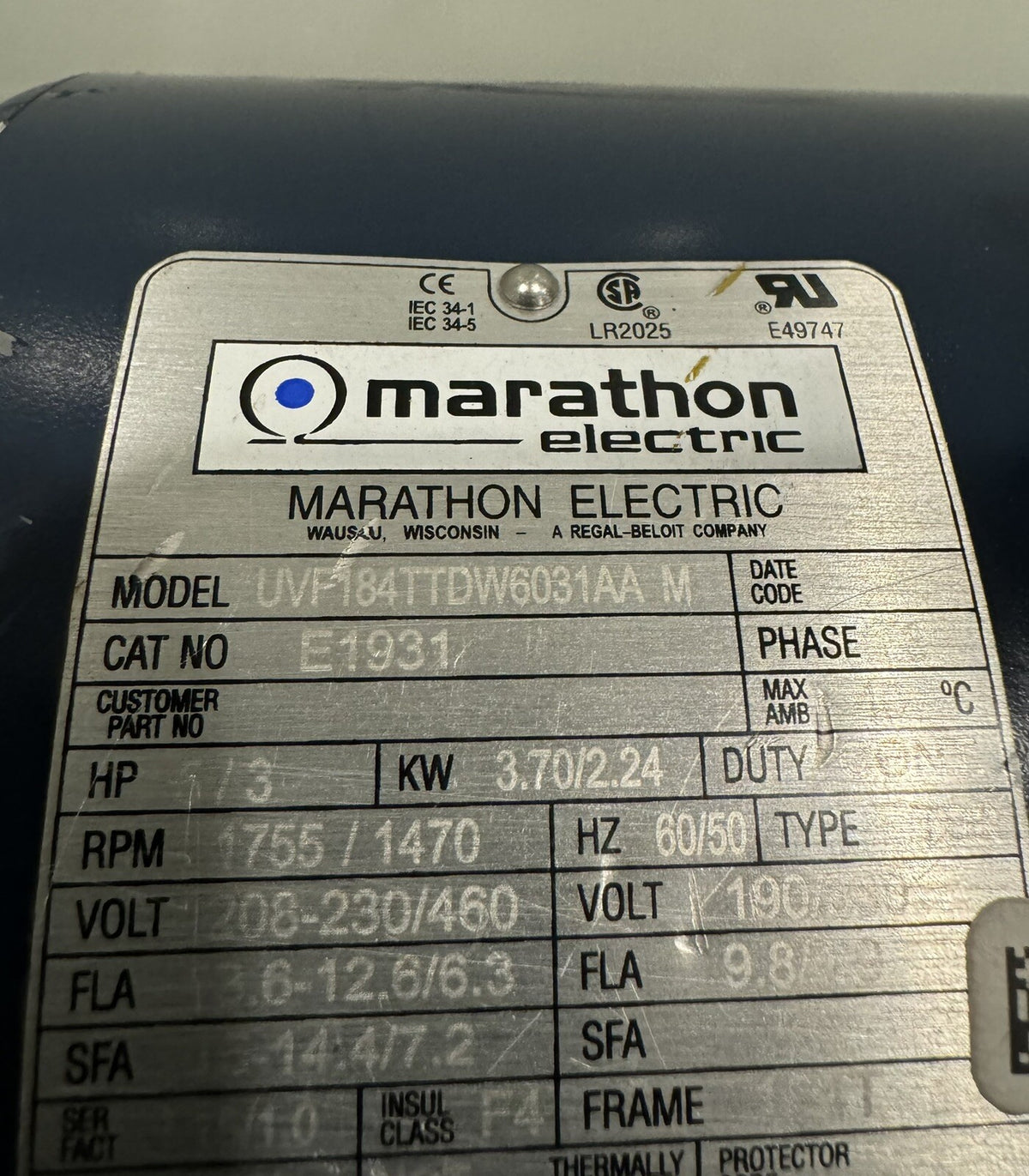 Marathon E1931 Electric Motor 5HP 1755 RPM 208-230/460V 184T NEW! FREE SHIPPING!