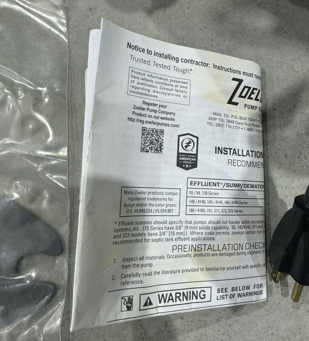 Zoeller 4282-0002 Sewage Pump Waste-Mate 115V 0.5HP N4282-B NEW! FREE SHIPPING!