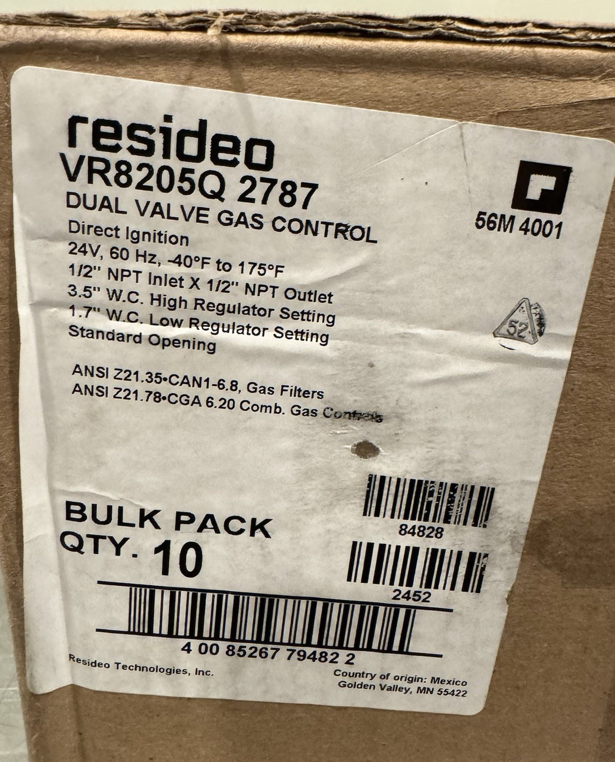 Residio VR8205Q 2787 Dual Direct Ignition Valve Gas Control NEW! FREE SHIPPING!