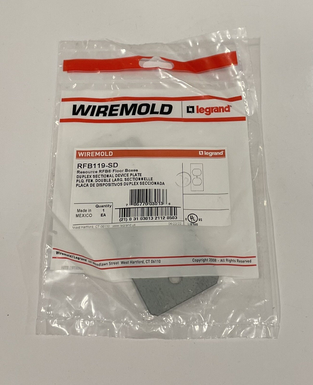 Wiremold RFB119-SD Single Hand Duplex Sectional Device Plate Floor Box Cover NEW