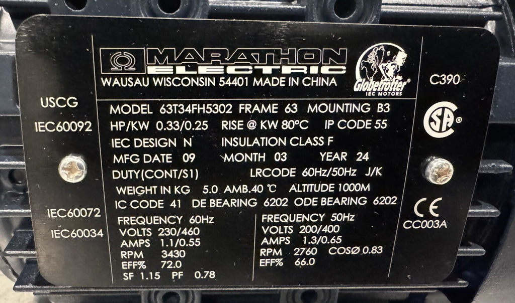 Marathon 63T34FH5302 Metric Motor R303 1/3HP 230/460-200/400V NEW! FREE SHIPPING