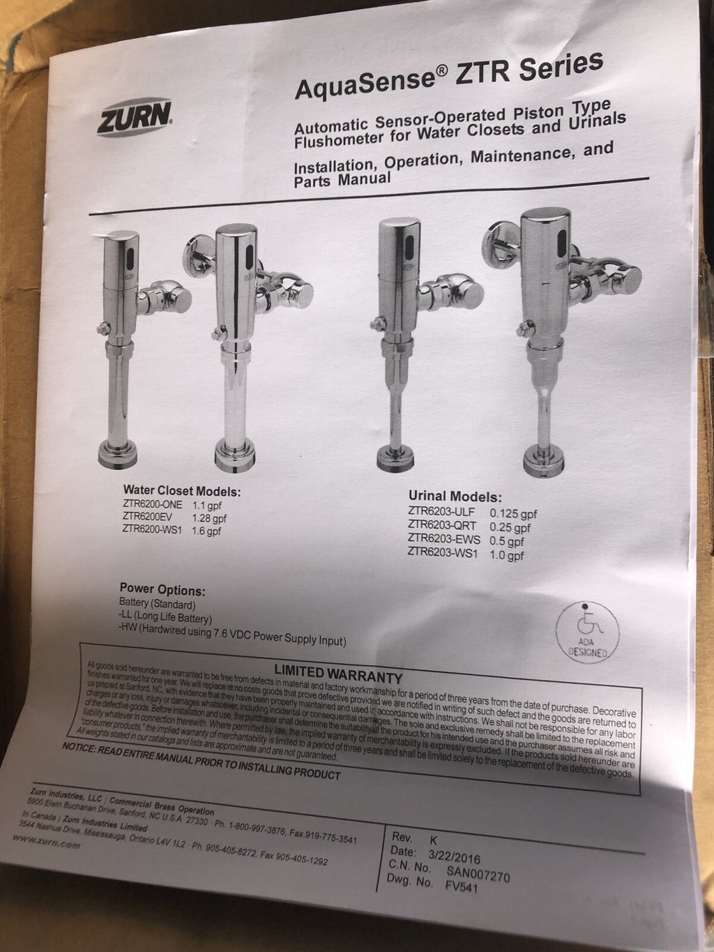 Zurn ZTR6200EV-LL Aquasense Sensor Operated 1.28GPF Water Closet Flush Valve NEW