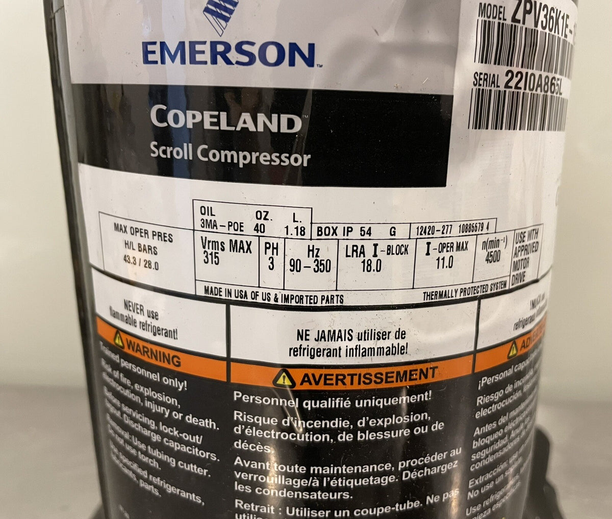 Emerson ZPV36K1E-1E9-823 Copeland Scroll Compressor NEW IN BOX! FREE SHIPPING!