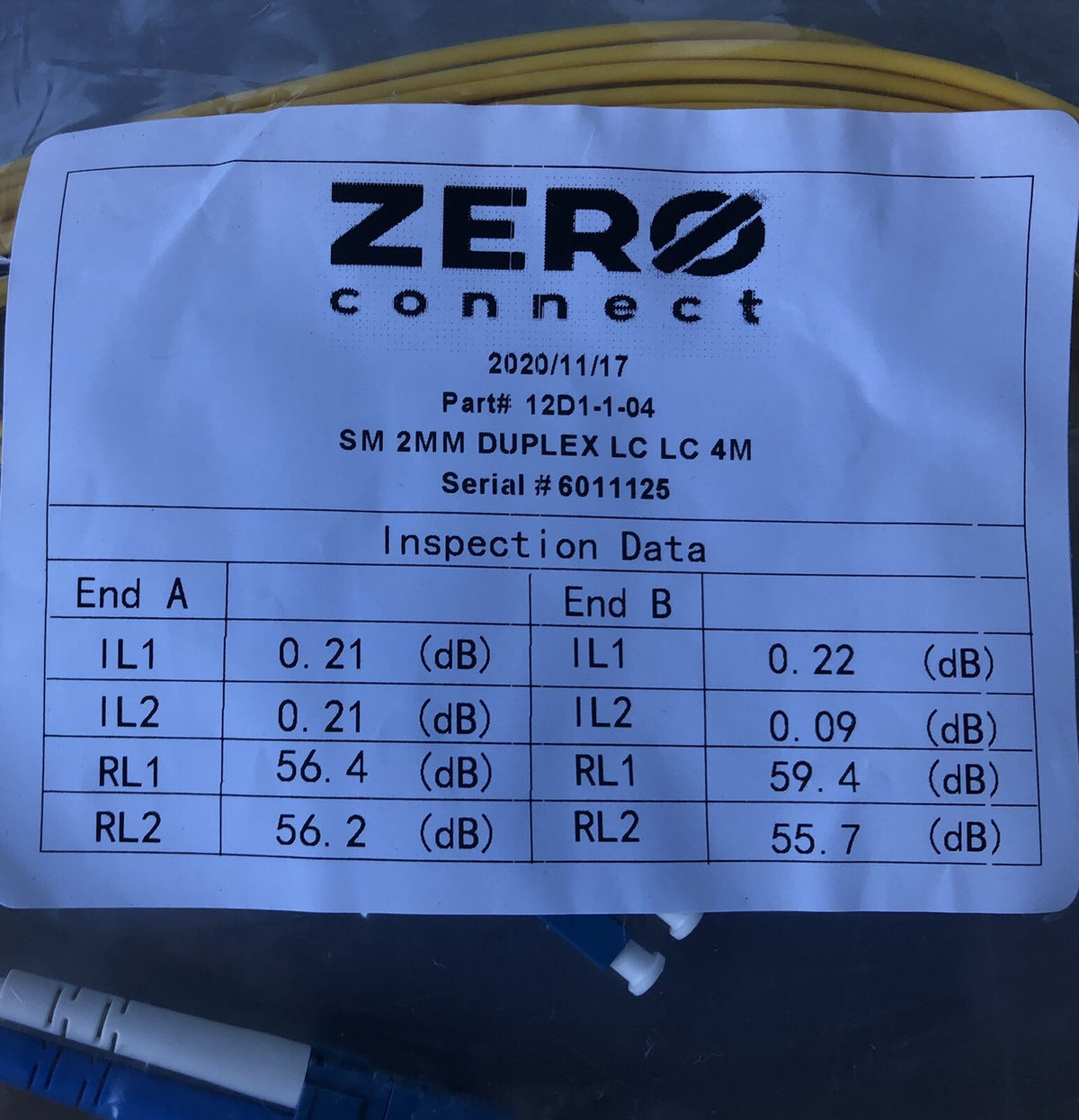 Zero Connect 12D1-1-04 Fiber Patch Cable SM 2MM Duplex LC LC 4M NEW!!