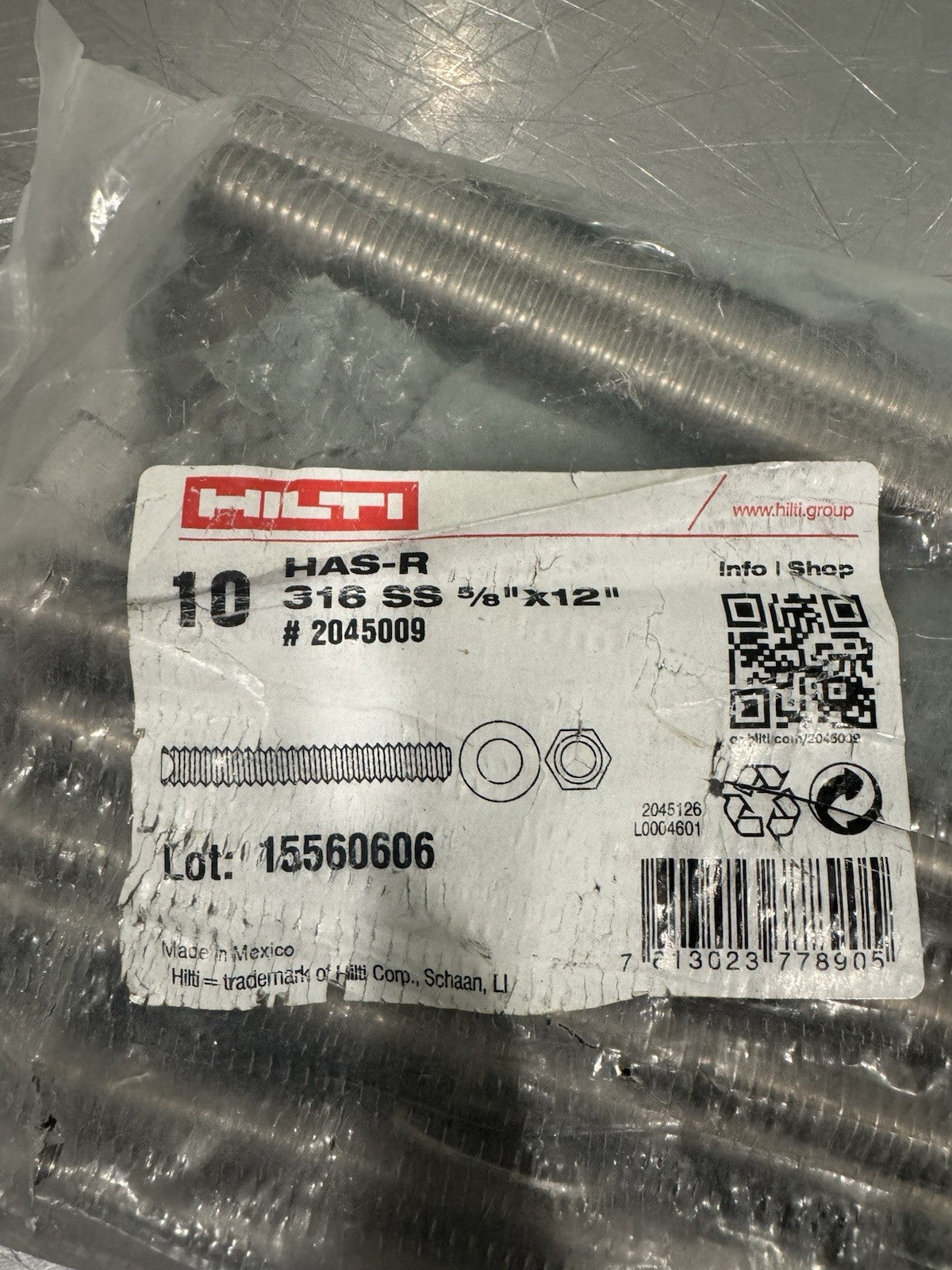 Hilti 2045009 HAS-R Anchor Rod 316 SS 5/8” X 12” 10 PACK NEW! FREE SHIPPING!