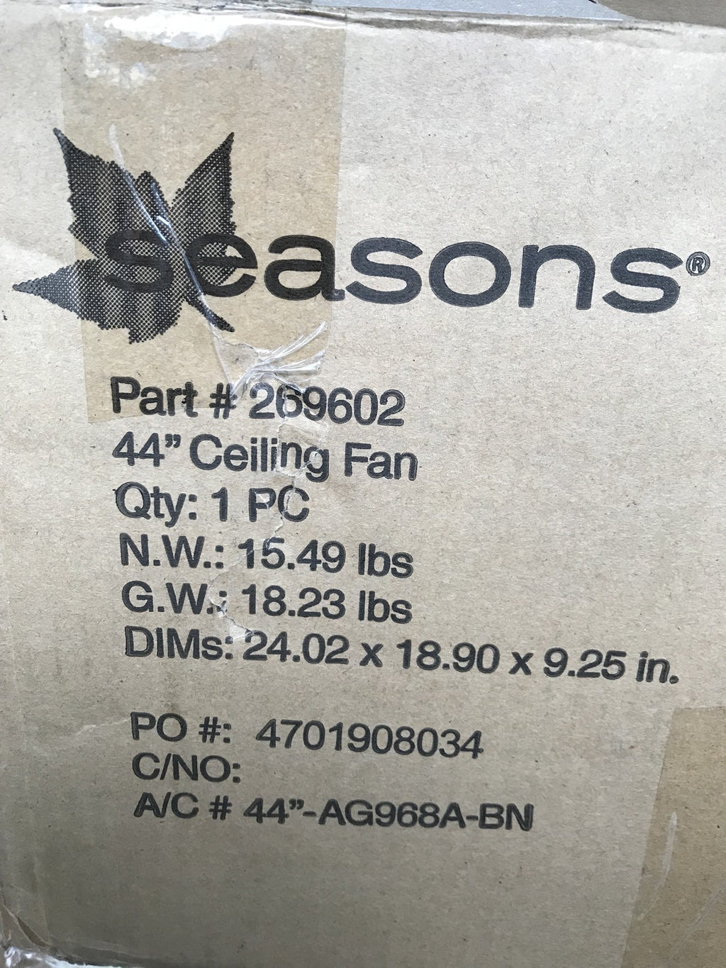 Seasons 44" Hugger-Mount Ceiling Fan Brushed Nickel Bowl Light Kit NEW IN BOX