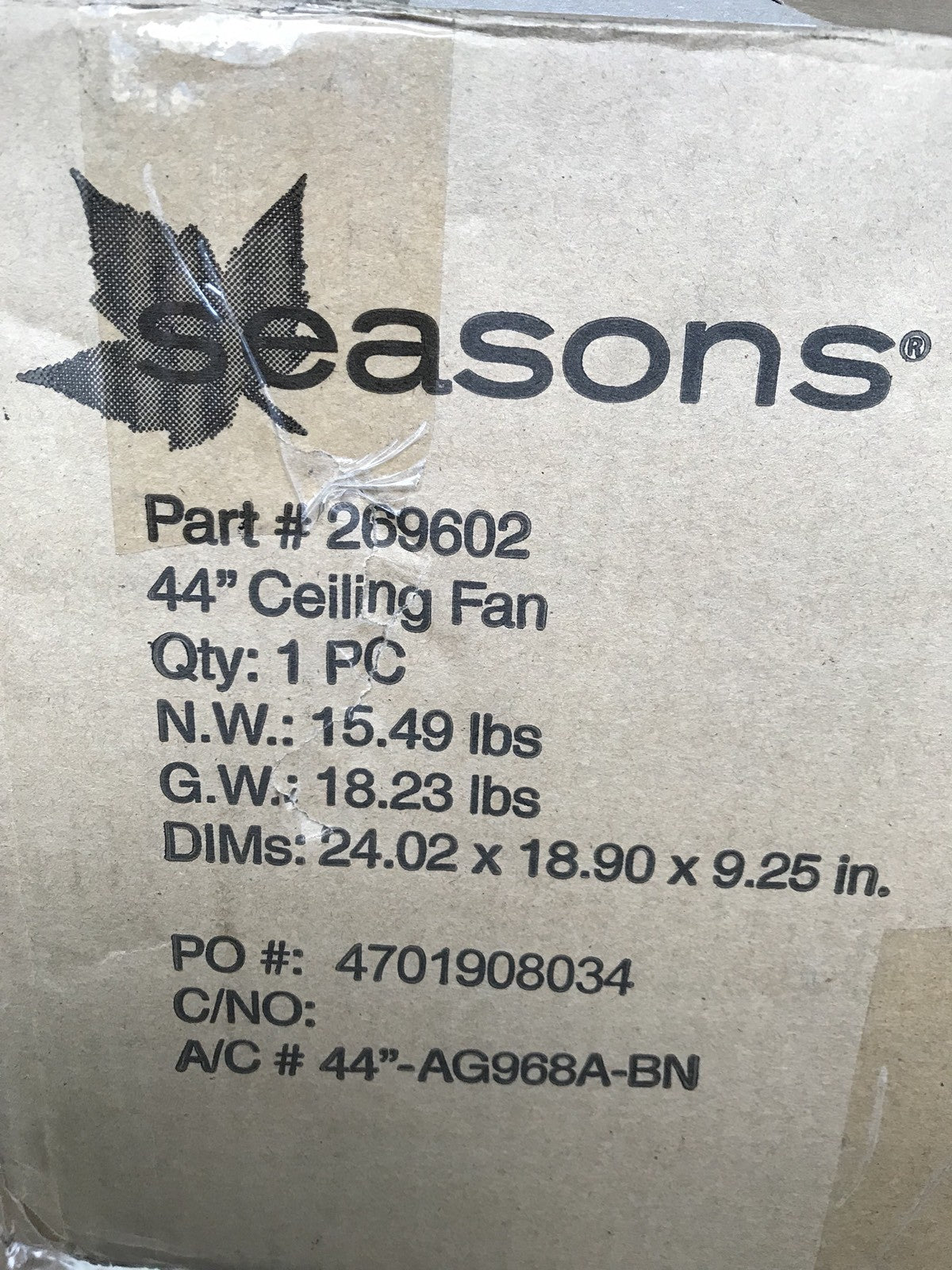 Seasons 44" Hugger-Mount Ceiling Fan Brushed Nickel Bowl Light Kit NEW IN BOX