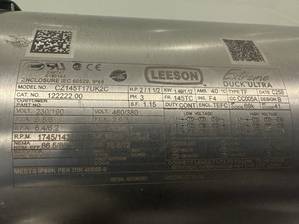 Leeson 122222.00 Stainless Washdown Motor CZ145T17UK2C NEW! FREE SHIPPING!