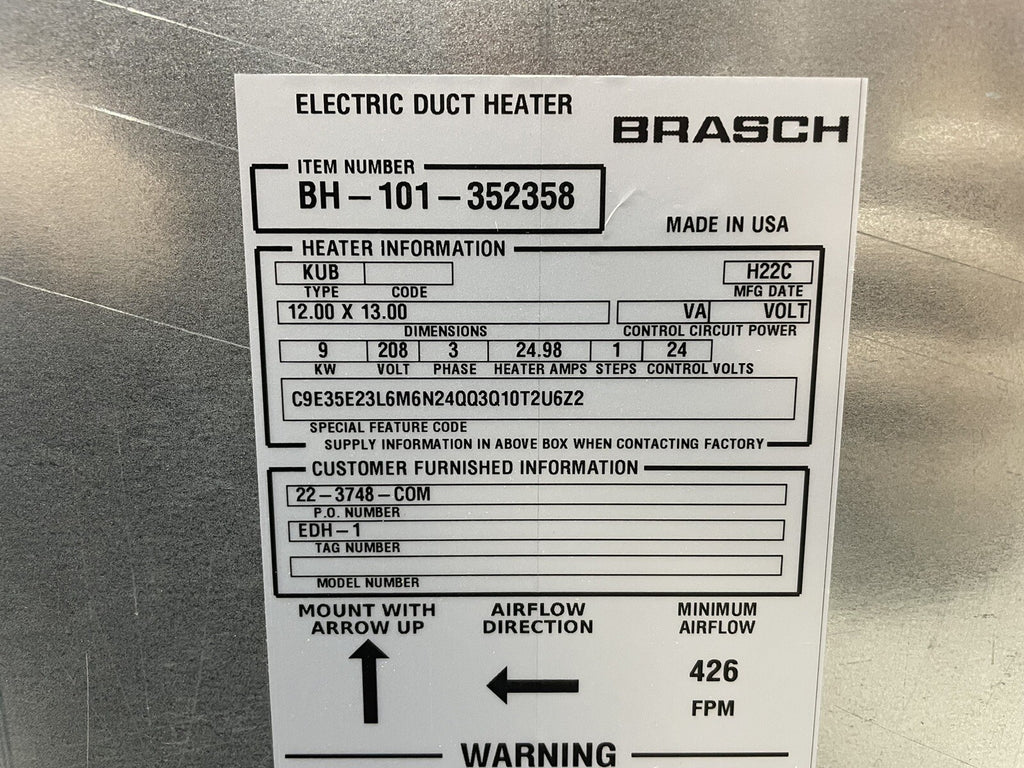 Brasch BH-101-352358 Electric Duct Heater Indeeco 108-B3-600-30 NEW! SHIPS FREE!