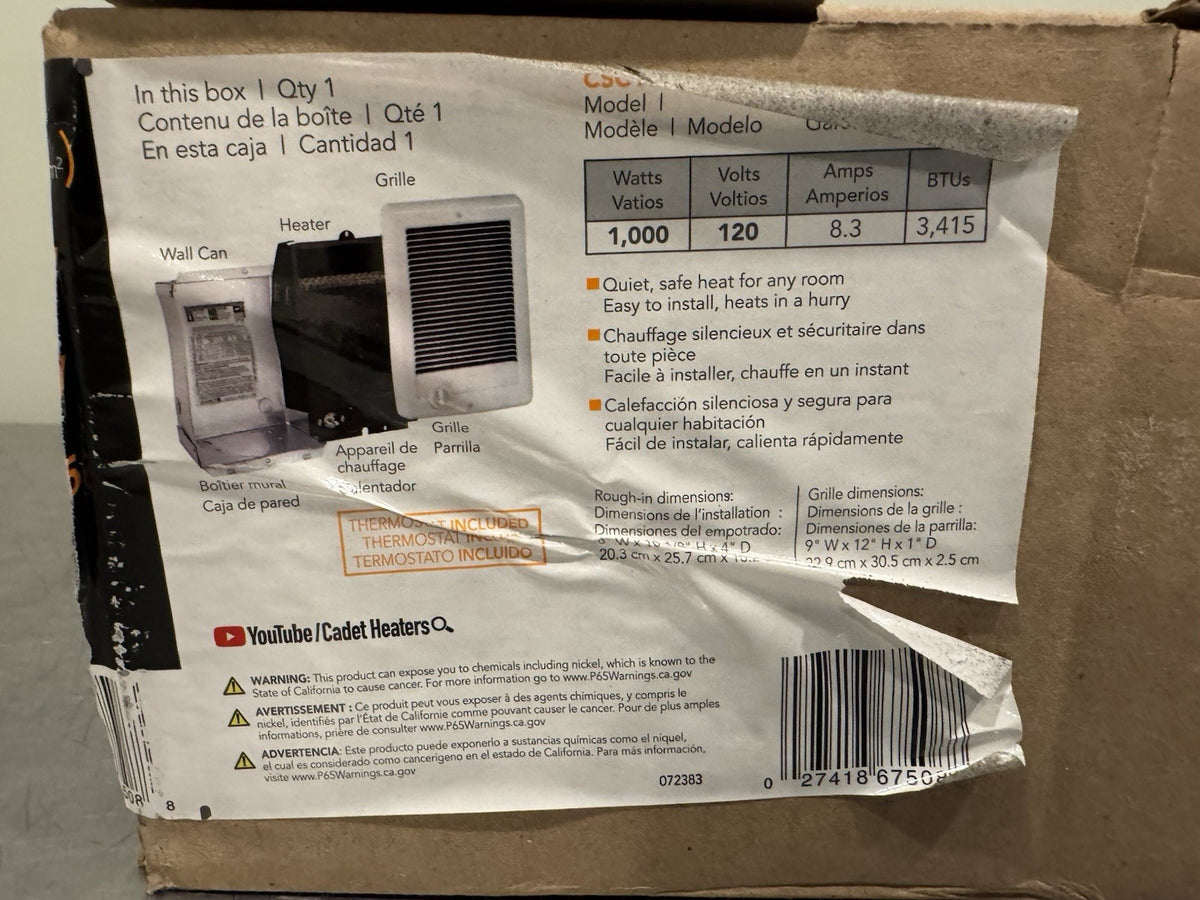 Cadet CSC101TW Electric Heater Com-Pak In Wall 1000W 120V NEW IN BOX! SHIPS FREE