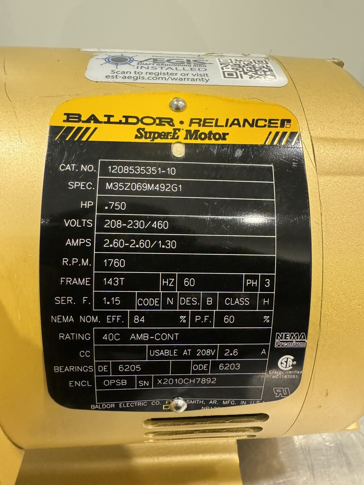 Baldor 35Z069M492G1 Motor .750 HP 208-230/460V 1760 RPM NEW! FREE SHIPPING!