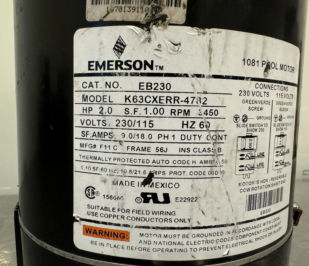 Emerson EB230 Motor 2 HP 230/115V 1PH F11C K63CXERR-4782 NEW! FREE SHIPPING!