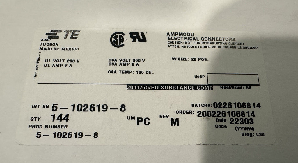 TE 5-102619-8 AMP Connectors PACK OF 144 NEW! FREE SHIPPING!