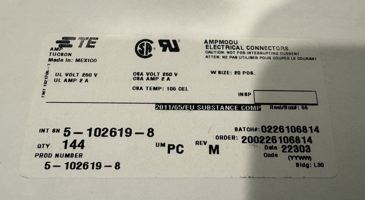 TE 5-102619-8 AMP Connectors PACK OF 144 NEW! FREE SHIPPING!