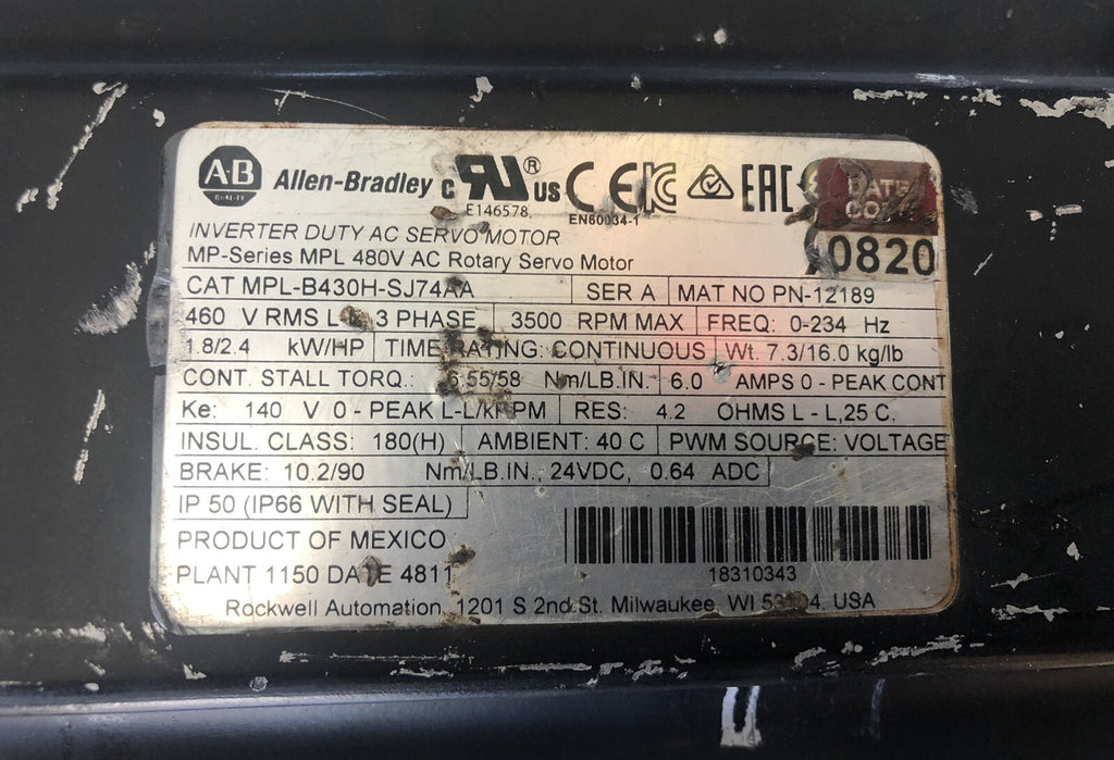 Allen Bradley MPL-B430H-SJ74AA Brushless Servo Motor Low Inertia FREE SHIPPING!