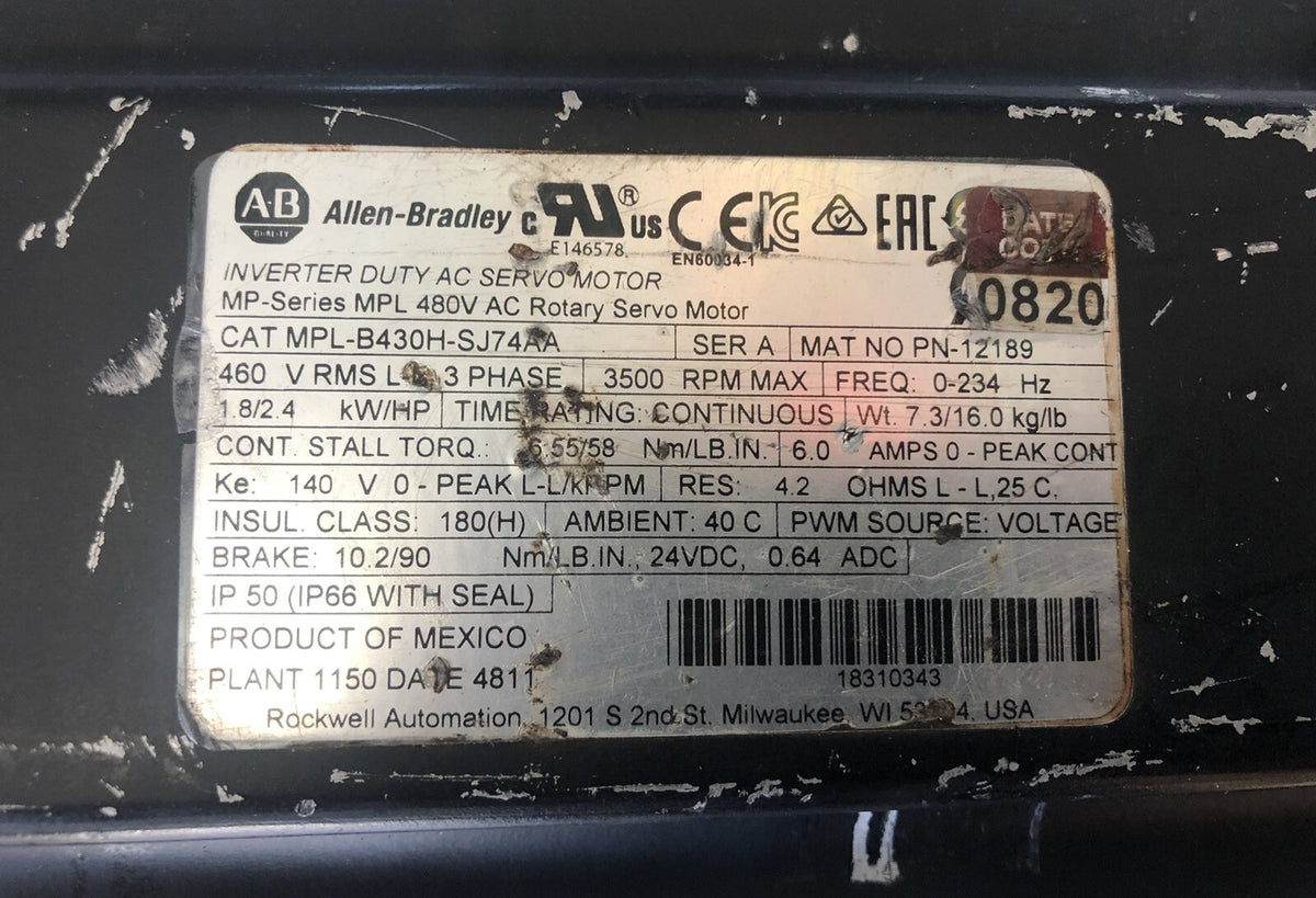 Allen Bradley MPL-B430H-SJ74AA Brushless Servo Motor Low Inertia FREE SHIPPING!