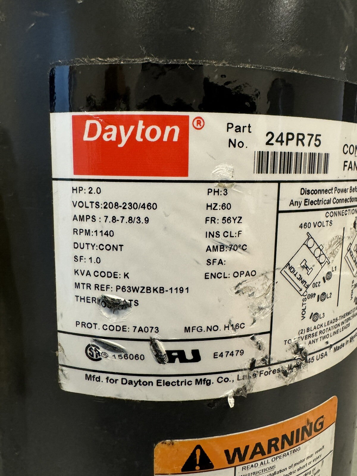 Dayton 24PR75 Condenser Fan Motor 2HP 208-230/460V 1140 RPM NEW! FREE SHIPPING!