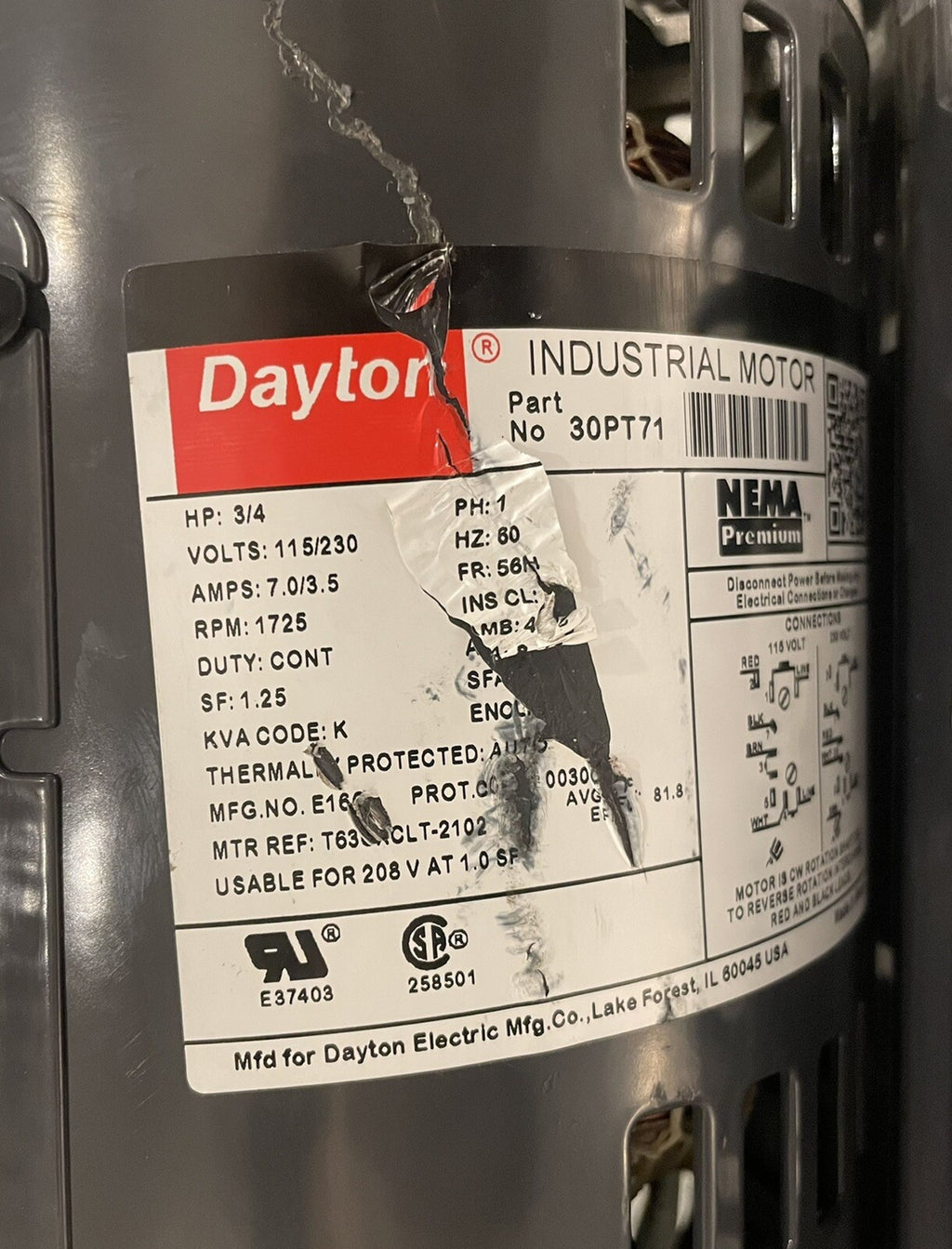 Dayton 30PT71 Motor Open Dripproof 3/4HP 1PH 1725 RPM NEW! FREE SHIPPING!