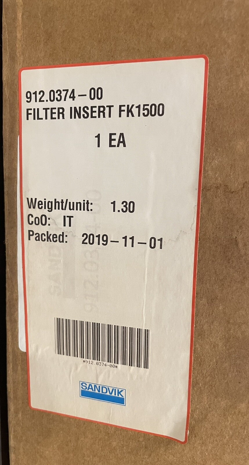 Sandvik 912.0374-00 Filter Insert FK1500 NEW IN BOX! FREE SHIPPING!