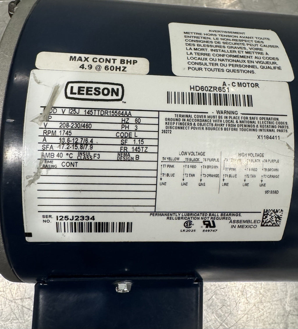 HD60ZR651 Leeson Motor 208-230/460V 1745RPM 145TTDR155564-S NEW! FREE SHIPPING!