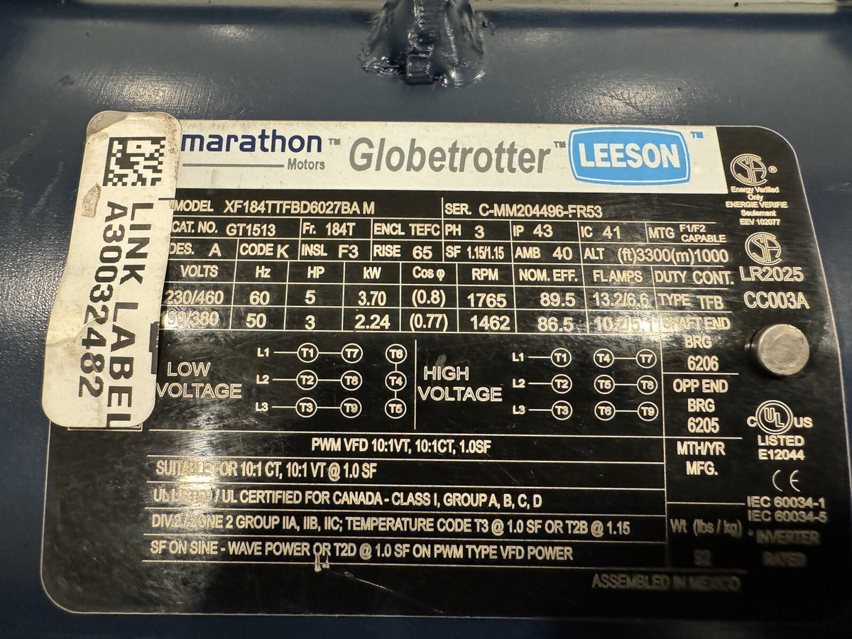 Marathon GT1513 Motor 5HP 1800 RPM 230/460V XF184TTFBD6027BA NEW! FREE SHIPPING!