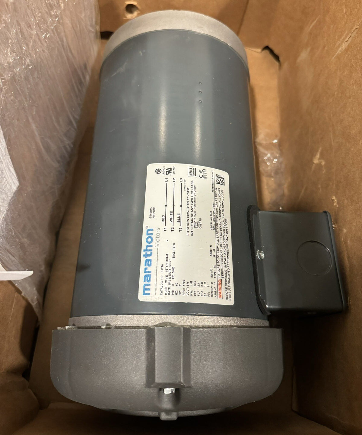 Marathon 056T17F15644 Motor 2 HP 1725 RPM 3PH NEW IN BOX! FREE SHIPPING!
