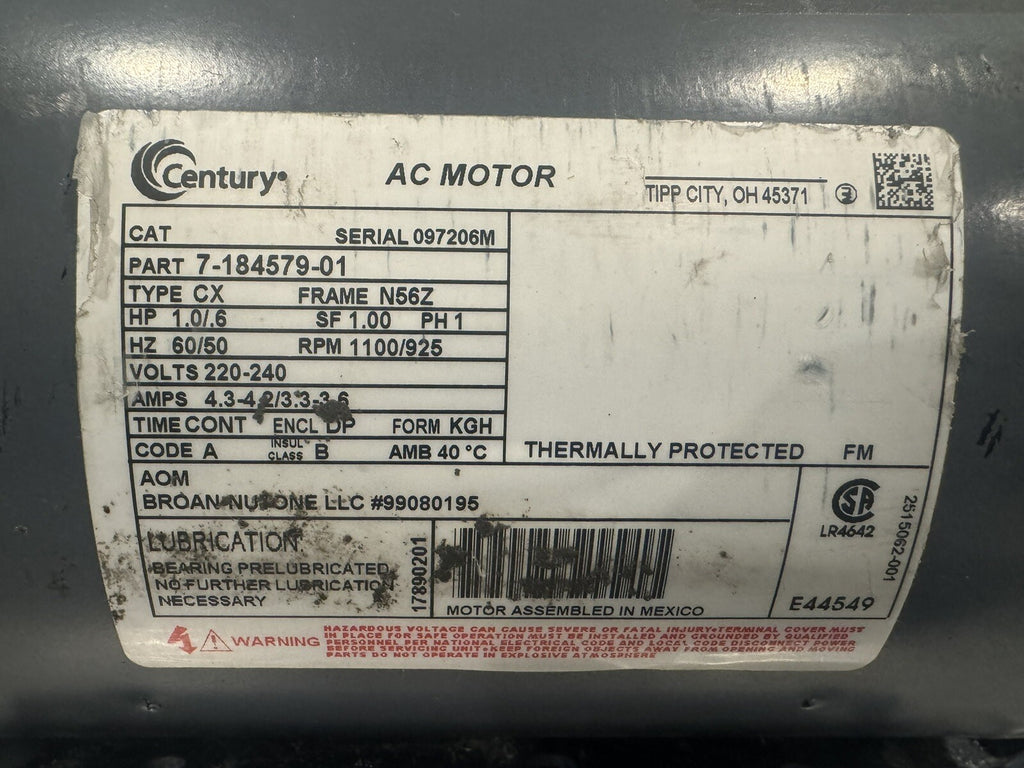99080195 Century Motor 7-184579-01 For Broan Nutone NEW! FREE SHIPPING!