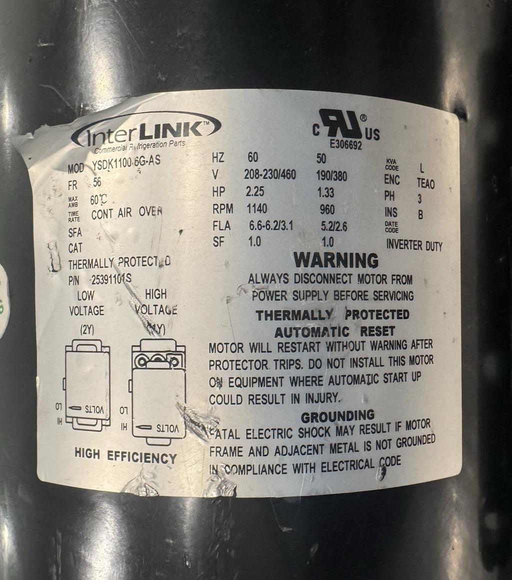 Heatcraft 25391101S Interlink Motor 2.25/1.33HP 1140/960 RPM 208-230/460V NEW!