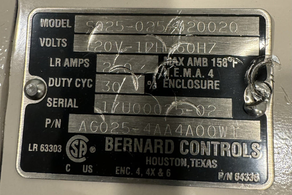 Bernard SQ25-025-920020 Servo Actuator 120V 1PH 60Hz AG025-4AA4A00WT NEW!