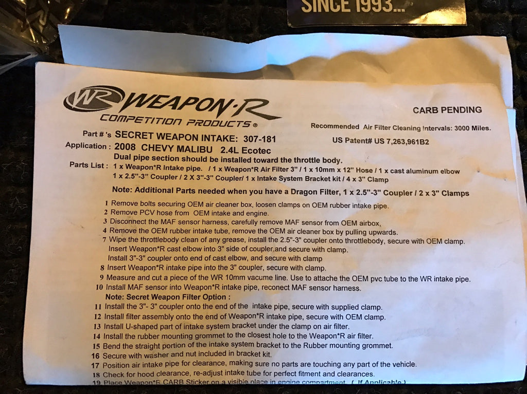 Weapon-R 307-181-101 Secret Weapon Air Intake Filter Kit 08 Malibu NEW
