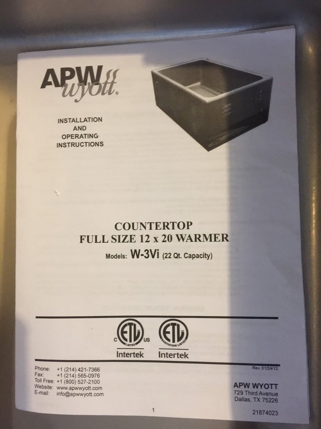 APW Wyott W-3VI Warmer 120V 12" X 20" 21874000 NEW