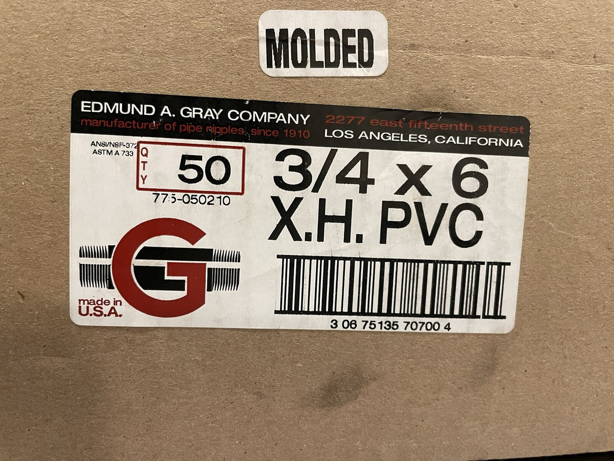 PVC Nipple Threaded 3/4” x 6” 50 PACK Edmund A Gray 775-050210 NEW! SHIPS FREE