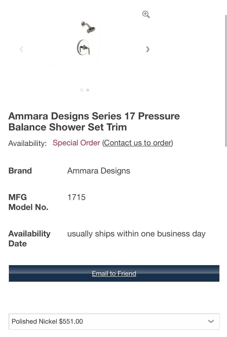 Ammara Designs Polished Nickel Pressure Balance Shower Set Trim 17-15-T-PN
