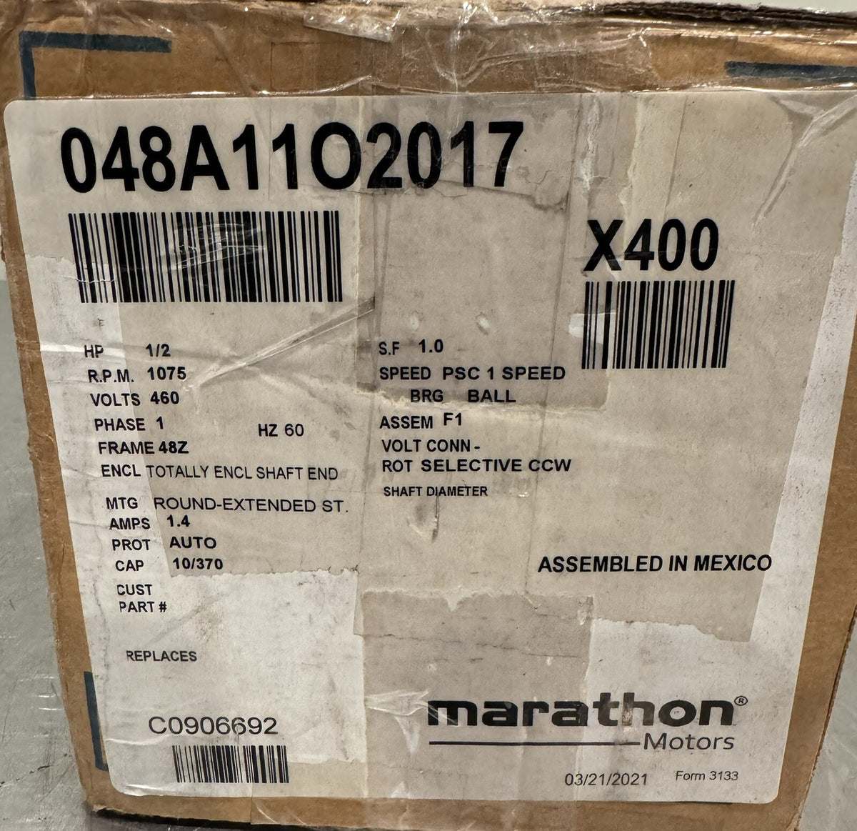 Marathon 048A11O2017 Motor 1/2HP 1075 RPM 460V X400 NEW IN BOX! FREE SHIPPING!