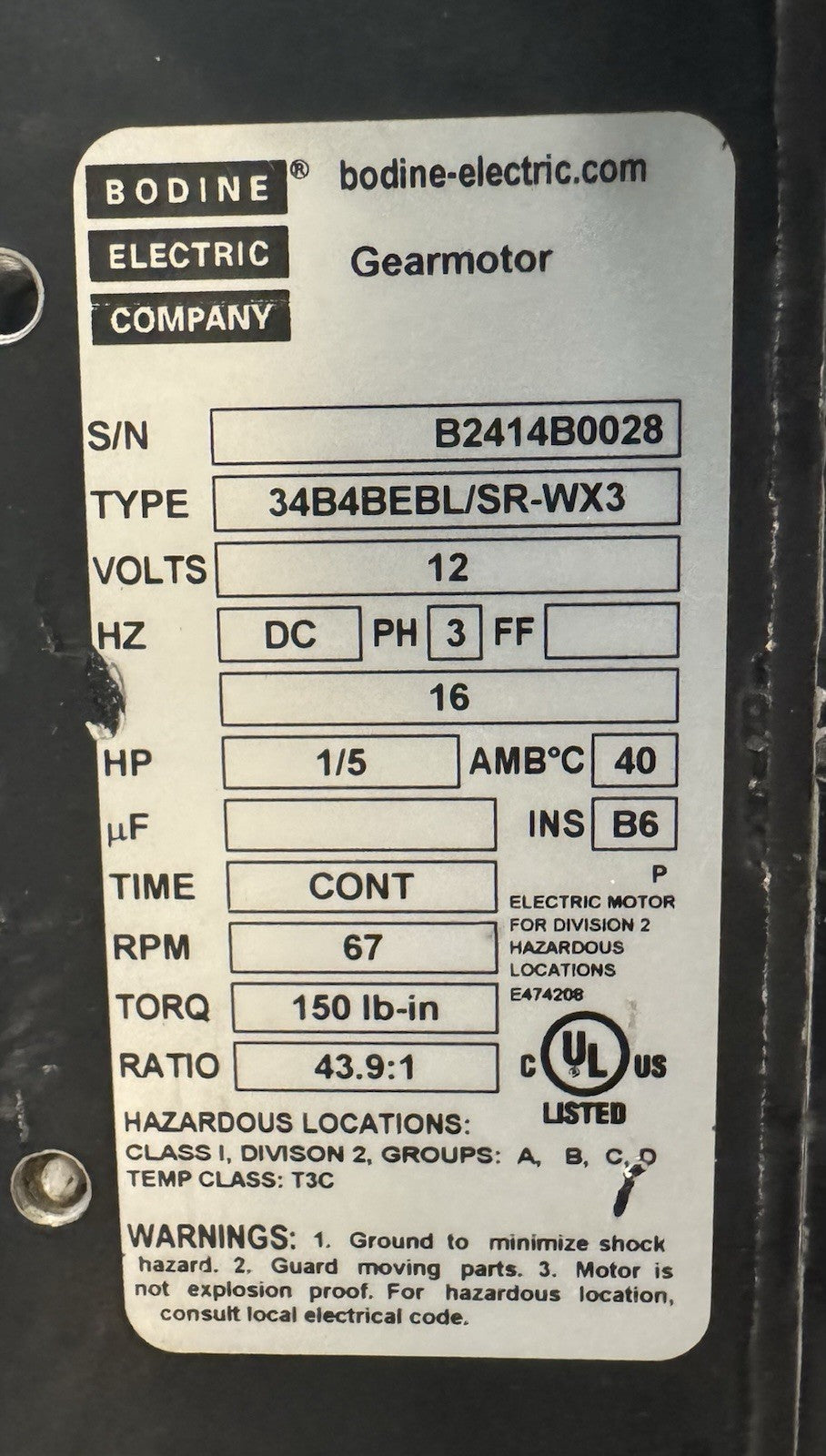 34B4BEBL/SR-WX3 Bodine Electric 1/5HP 12V Motor Gearmotor UNTESTED MAY WORK!