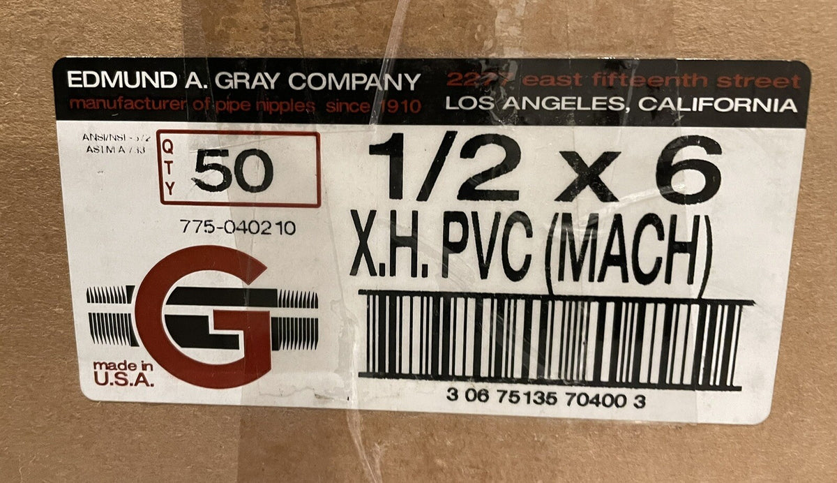 PVC Nipple Threaded 1/2” X 6” 50 PACK Edmund A Gray 775-040210 NEW! SHIPS FREE