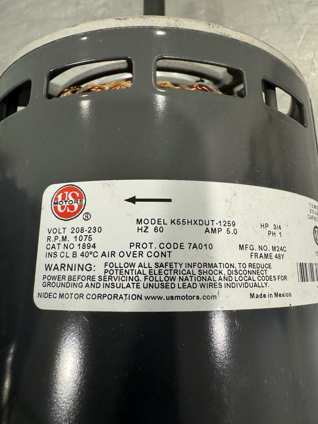 US Motors K55HXDUT-1259 3/4HP 1PH 1075 RPM Blower Motor NEW! SHIPS FREE!