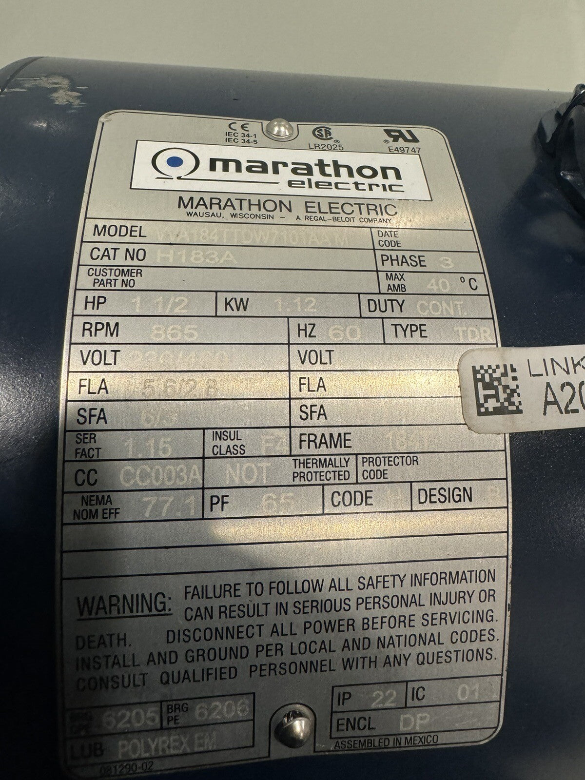 Marathon H183A Electric Motor 1.5HP 865 RPM 230/460V NEW! FREE SHIPPING!