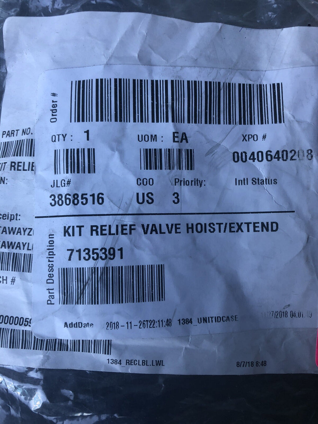 JLG 7135391 Kit Relief Valve Hoist/ Extend NEW!! FREE SHIPPING!!!