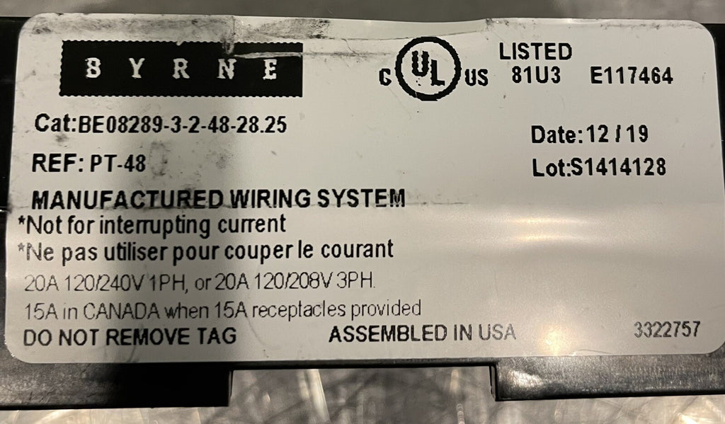 Byrne BE08289-3-2-48-28.25 Power Distribution Harness 20A 1PH & 3PH NEW!