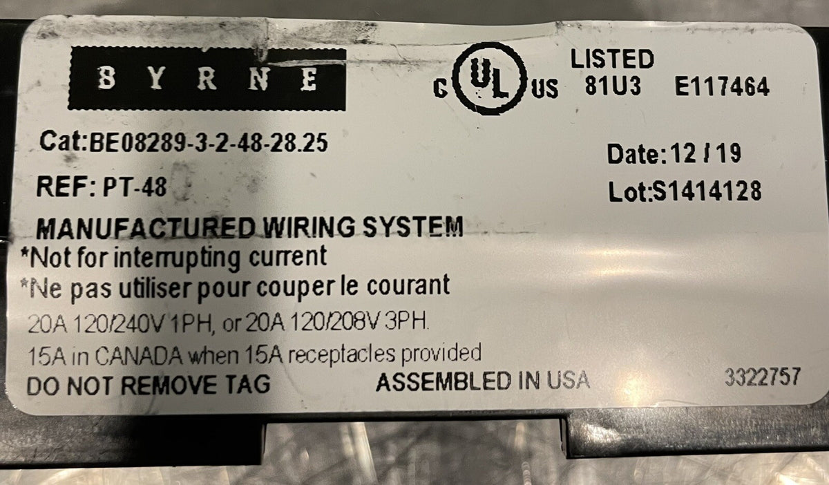 Byrne BE08289-3-2-48-28.25 Power Distribution Harness 20A 1PH & 3PH NEW!