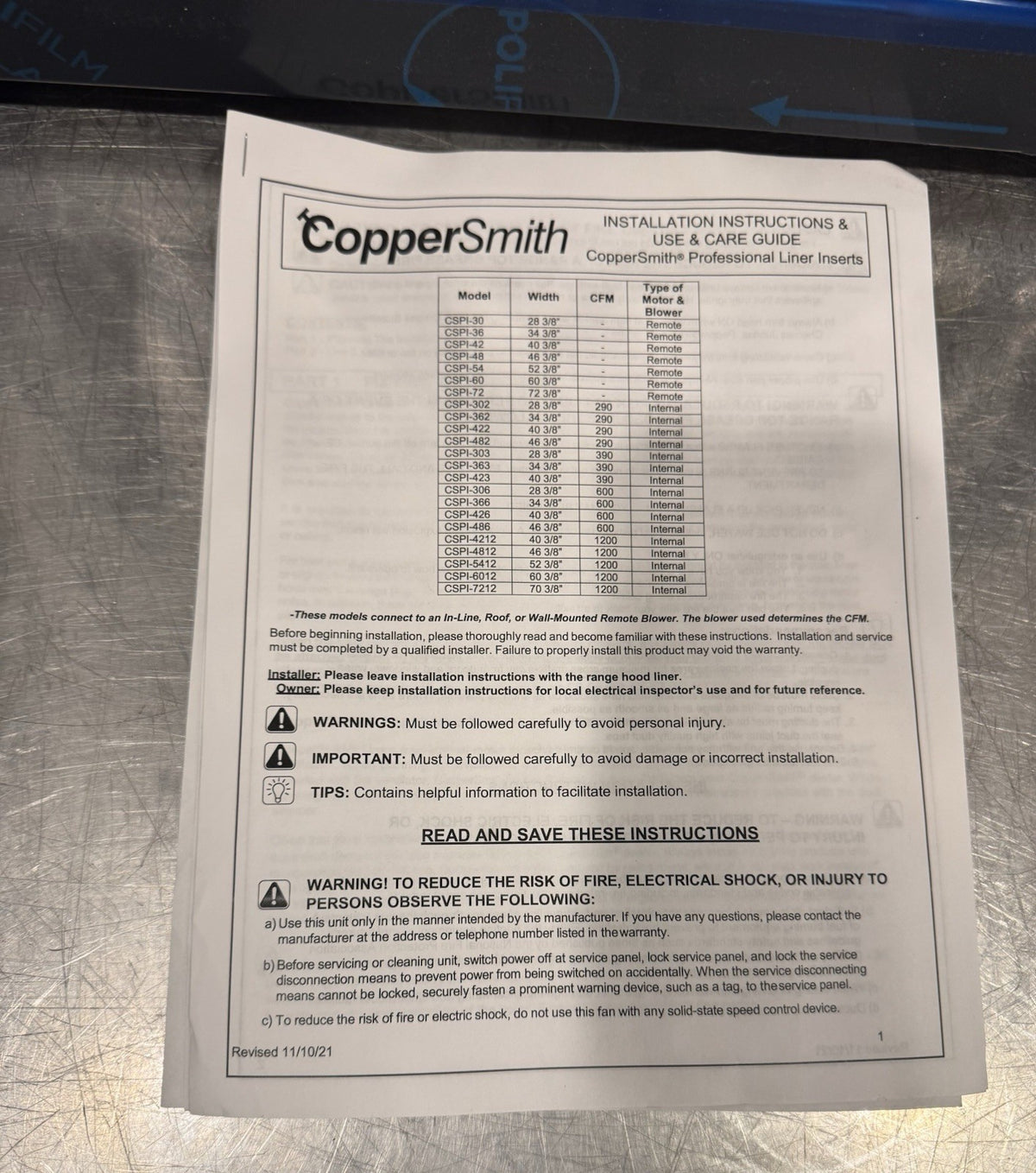 Copper Smith CSPI-303 Range Hood Insert Liner 18” Depth NEW IN BOX! SHIPS FREE!