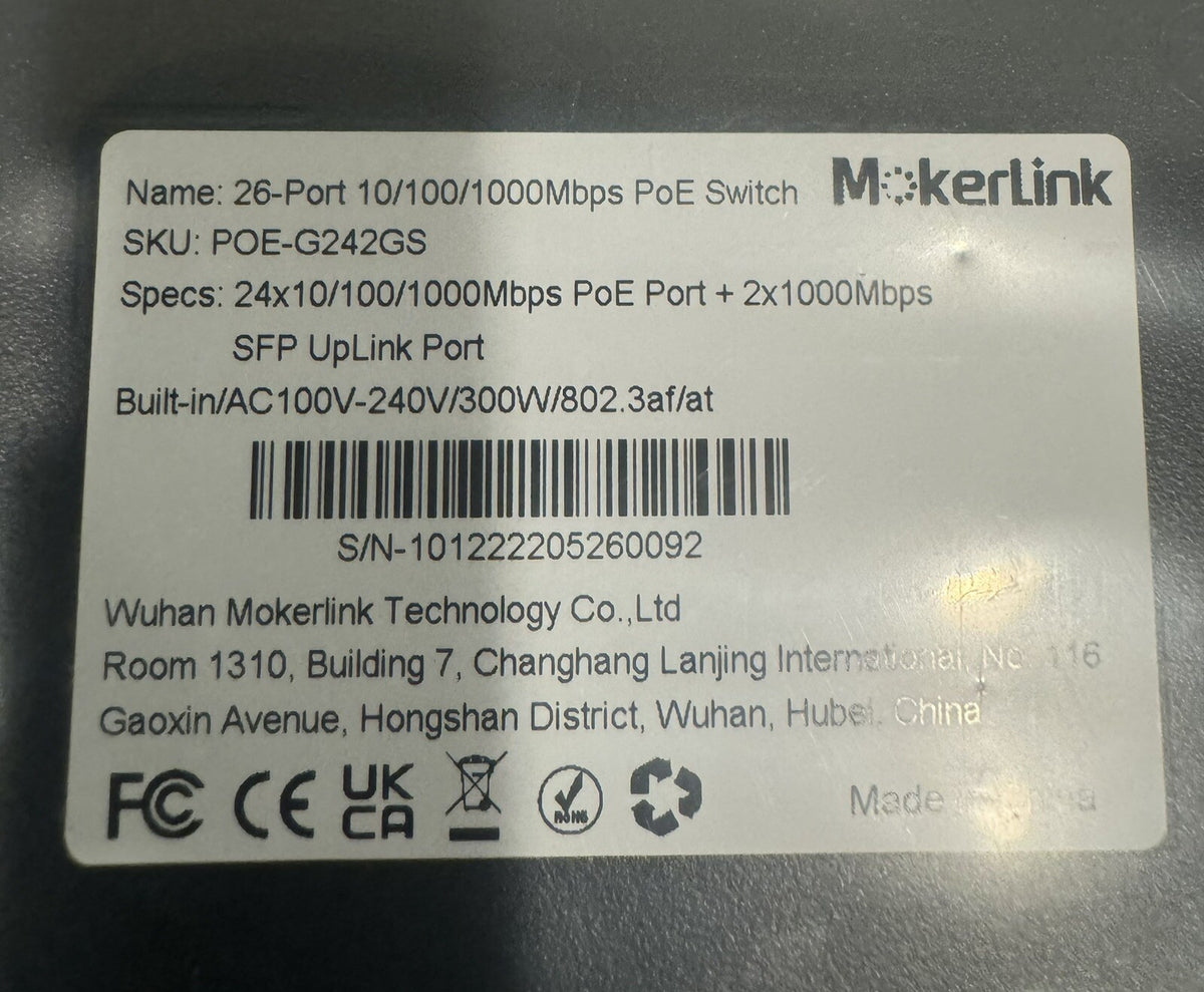 Mokerlink POE-G242GS 26-Port Gigabit Ethernet Switch W/ 24 Port POE NEW IN BOX!