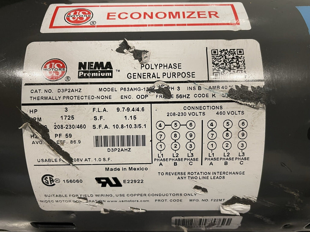 US Motors D3P2AHZ 3HP 1725 RPM 208-230/460V Electric Motor NEW! FREE SHIPPING!