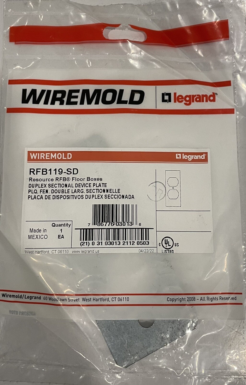 Wiremold RFB119-SD Single Hand Duplex Sectional Device Plate Floor Box Cover NEW