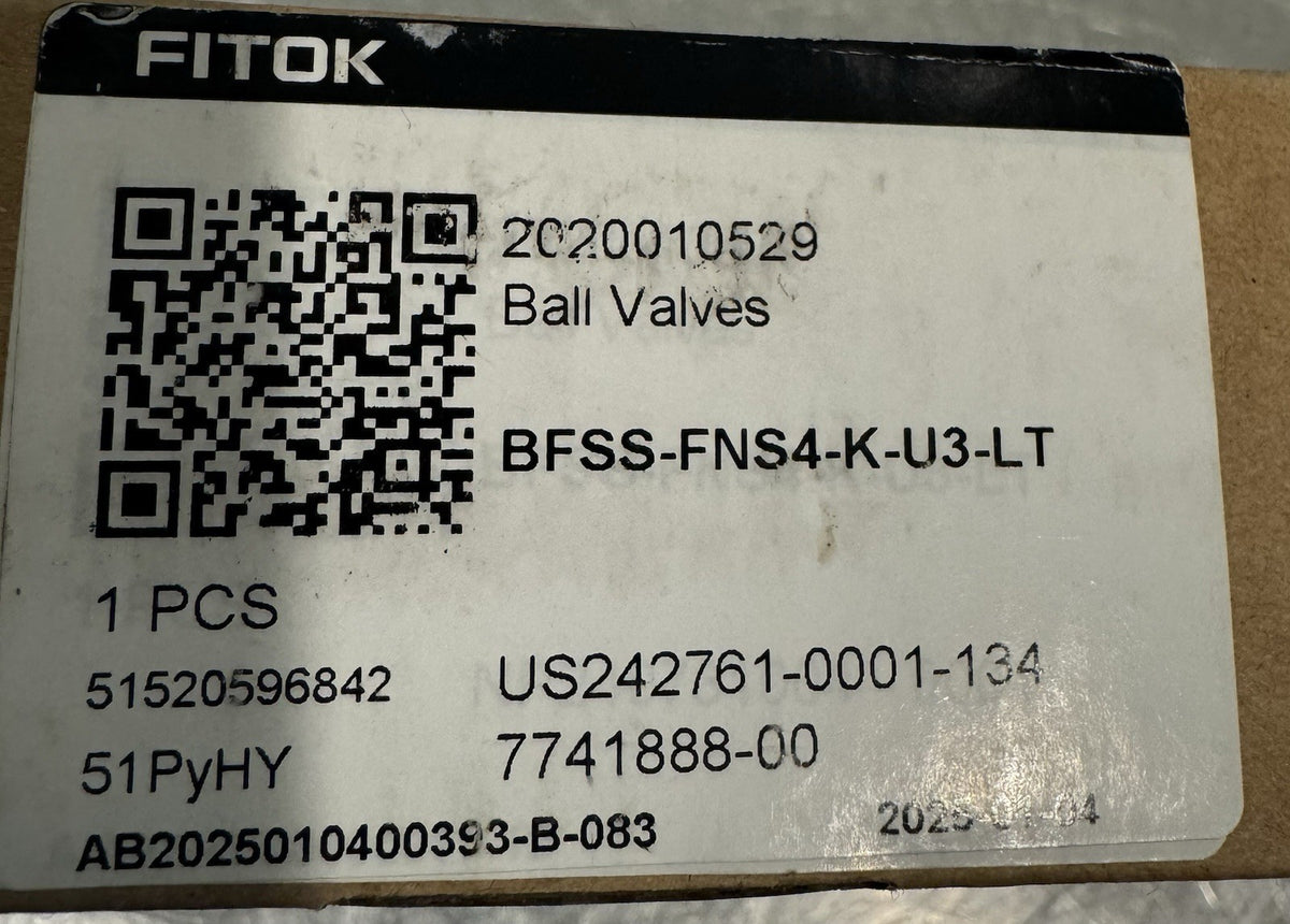 Fitok BFSS-FNS4-K-U3-LT Trunnion Ball Valve NEW IN BOX! FREE SHIPPING!