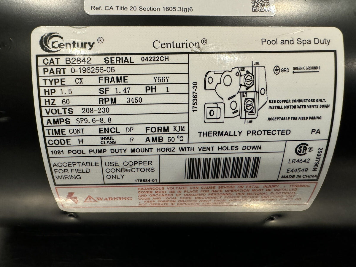 Century B2842 Square Flange Pool Motor 1.5 HP 208-230V NEW! FREE SHIPPING!