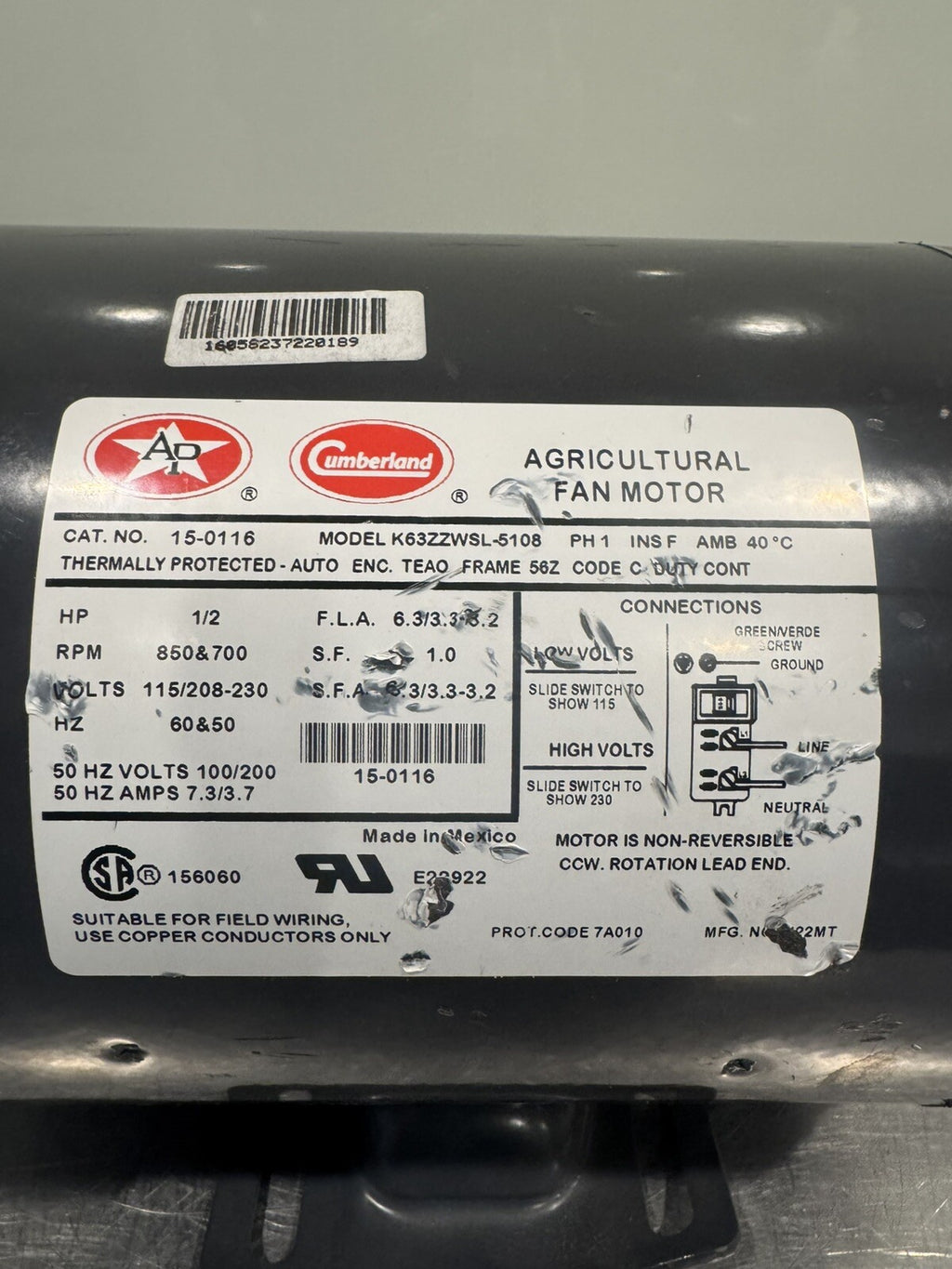 Cumberland 15-0116 Motor 1/2 HP 115/208-230V K63ZZWSL-5108 NEW! FREE SHIPPING!