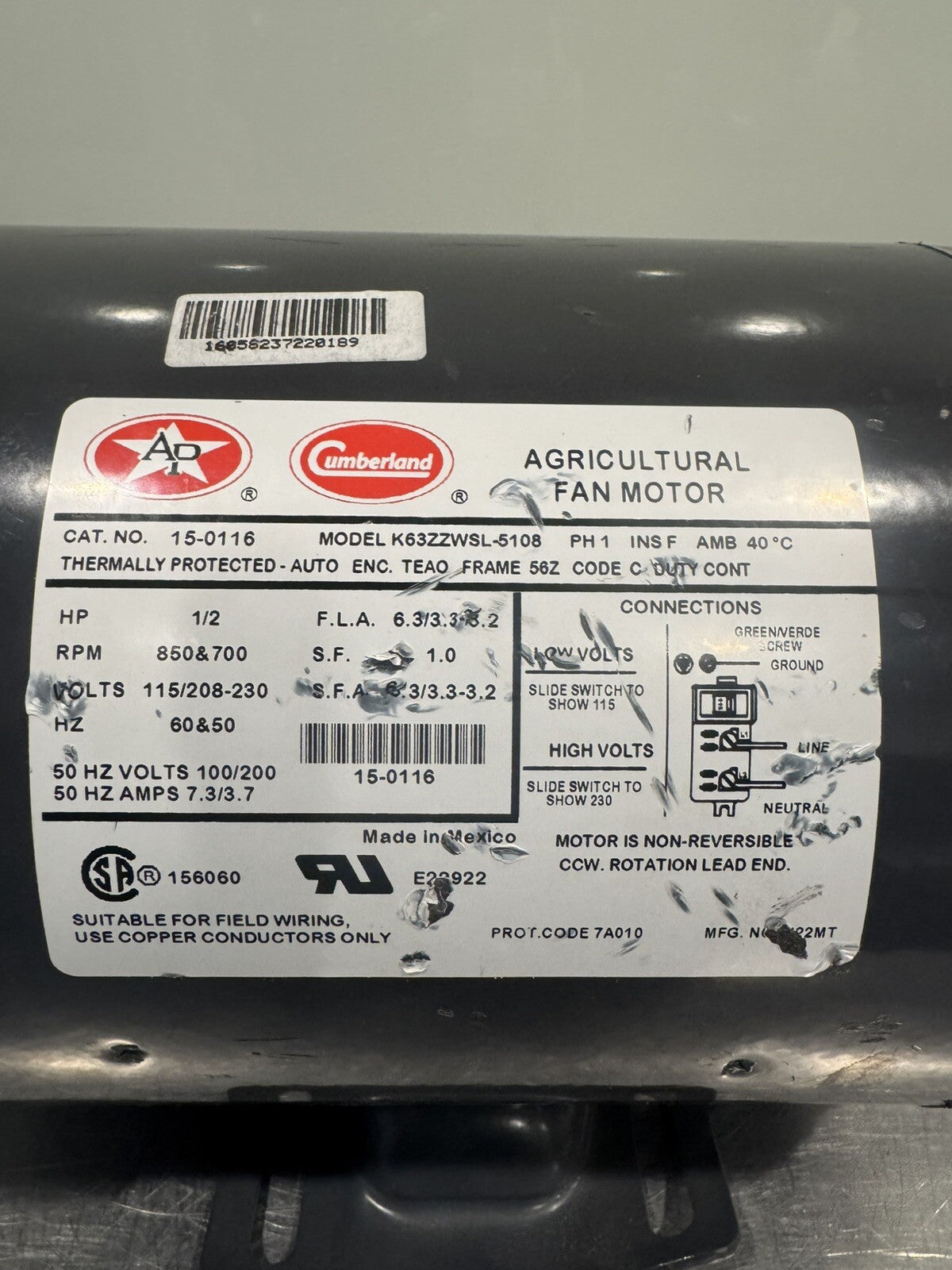 Cumberland 15-0116 Motor 1/2 HP 115/208-230V K63ZZWSL-5108 NEW! FREE SHIPPING!