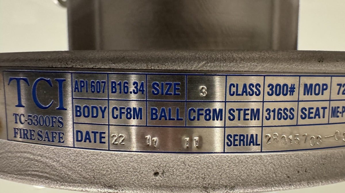 TCI TC5300FS API 607 B16.34 Ball Valve 3” 300# NEW! NO HANDLE! FREE SHIPPING!